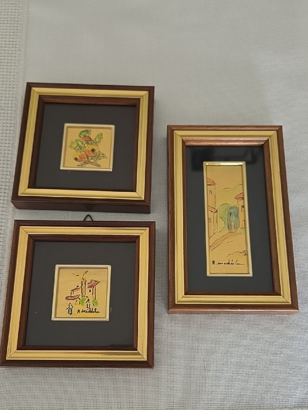 Vintage 23k Gold Leaf  Brown Framed Wall Art Set - 3-Piece